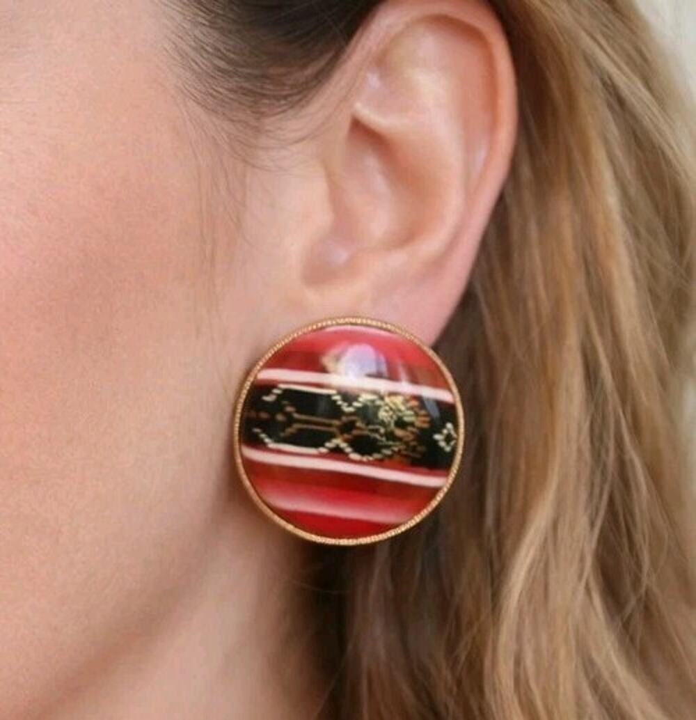 Vintage Pierced Earrings, 1.75"‎ Southwestern, Red Black Aztec Round rp-81